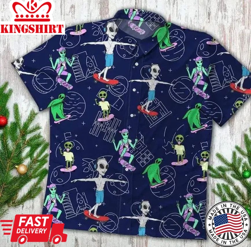 Alien Hawaiian Shirt Alien Playing Skateboard Pattern Blue Hawaii Shirt Alien Aloha Shirt