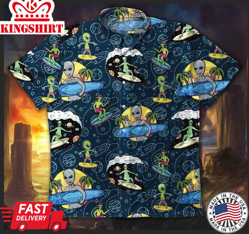 Alien Hawaiian Shirt Alien Surfing Pattern Blue Hawaii Shirt Alien Aloha Shirt