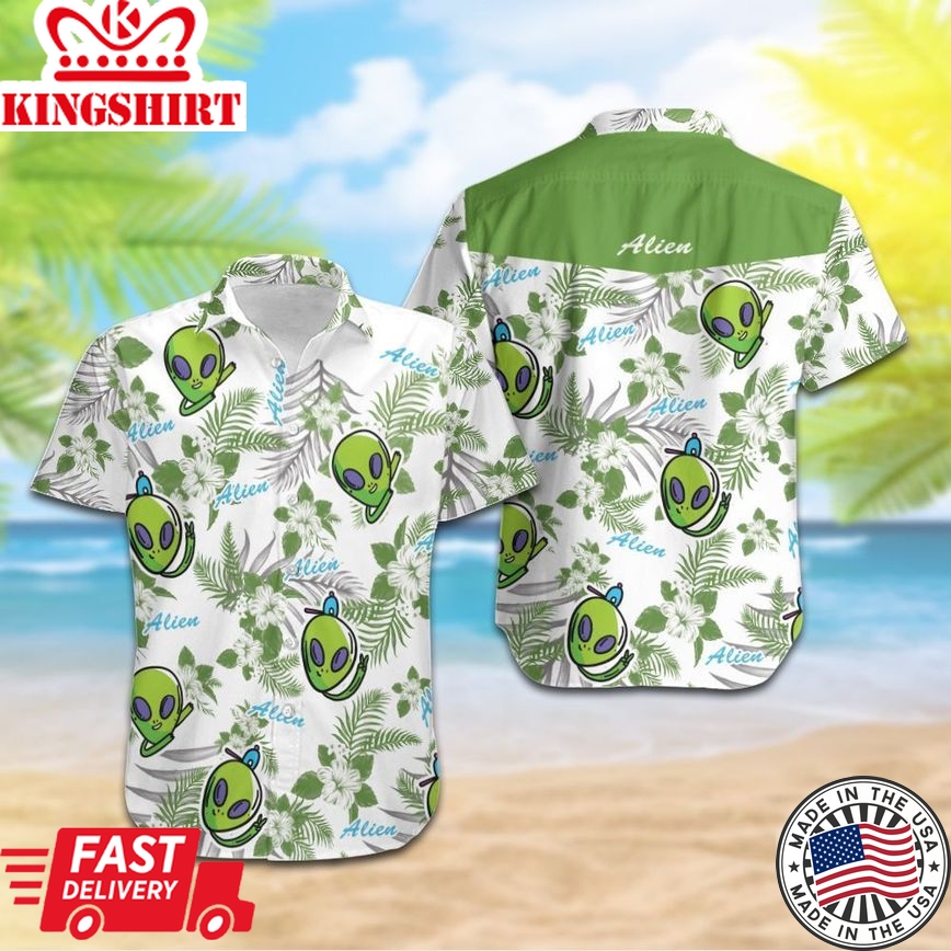 Alien Hawaiian Shirt Green Alien Floral Tropical White Hawaii Shirt Ufo Aloha Shirt