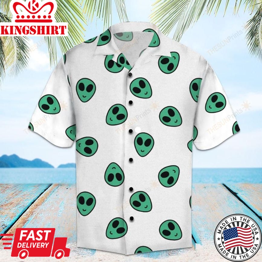 Alien Hawaiian Shirt Green Smiling Alien Head Pattern White Hawaii Shirt Alien Aloha Shirt