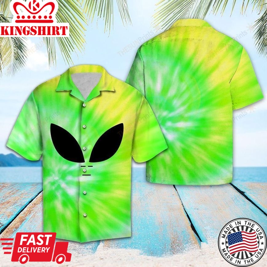 Alien Hawaiian Shirt Green Yellow Alien Tie Dye Hawaii Shirt Alien Aloha Shirt