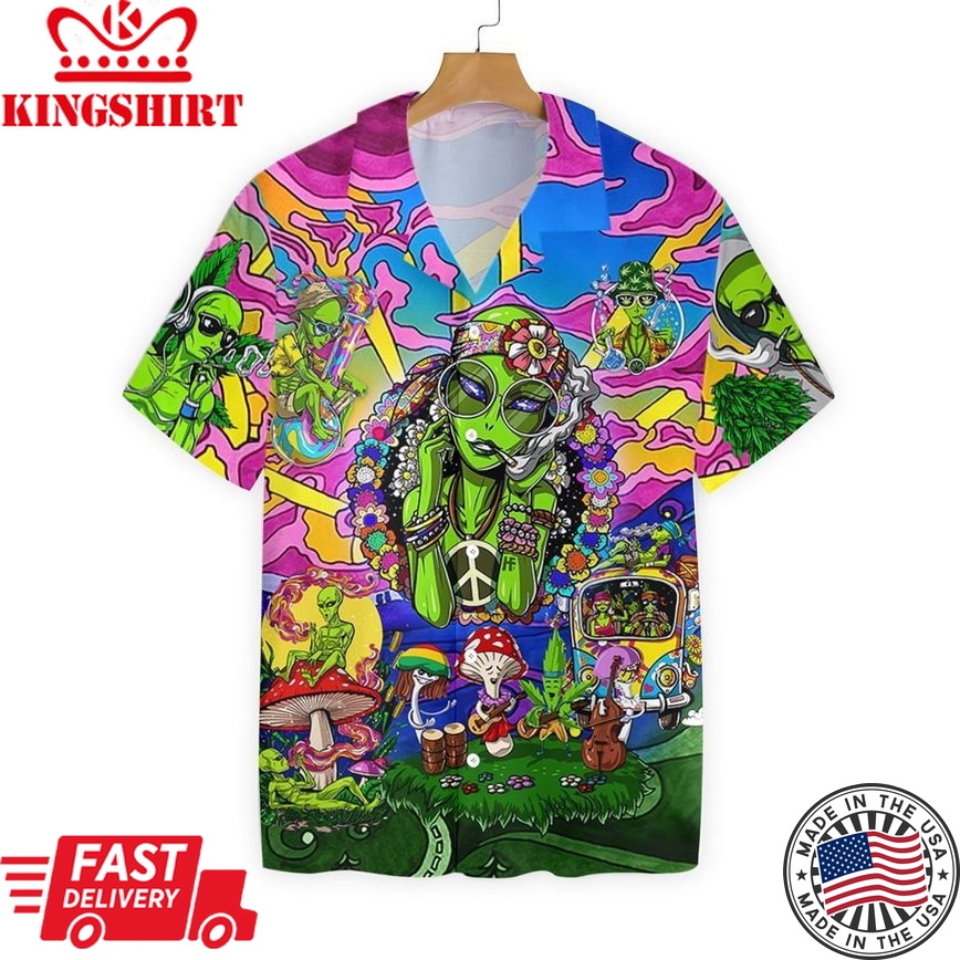 Alien Hawaiian Shirt Hippie Alien Pink Blue Green Hawaii Shirt Alien Aloha Shirt