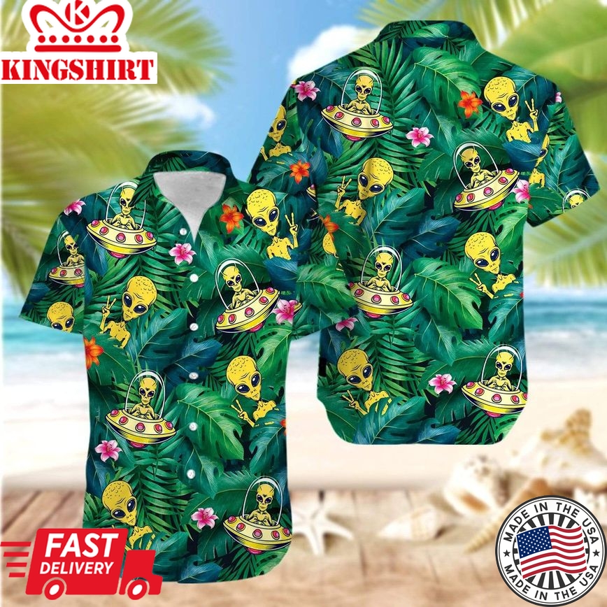 Alien Ufo Hawaiian Shirt Alien In Ufo Tropical Green Hawaii Aloha Shirt