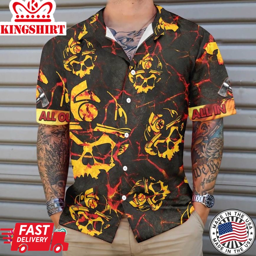 All In All Out Axe Firefighter Hawaiian Shirt, Dark Red And Yellow Skull Firefighter Shirt For Men