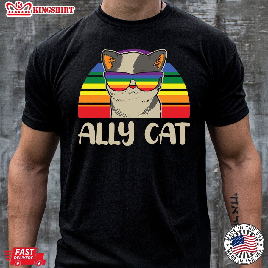 Ally Cat Vintage LGBT Rainbow Pride Flag T-Shirt