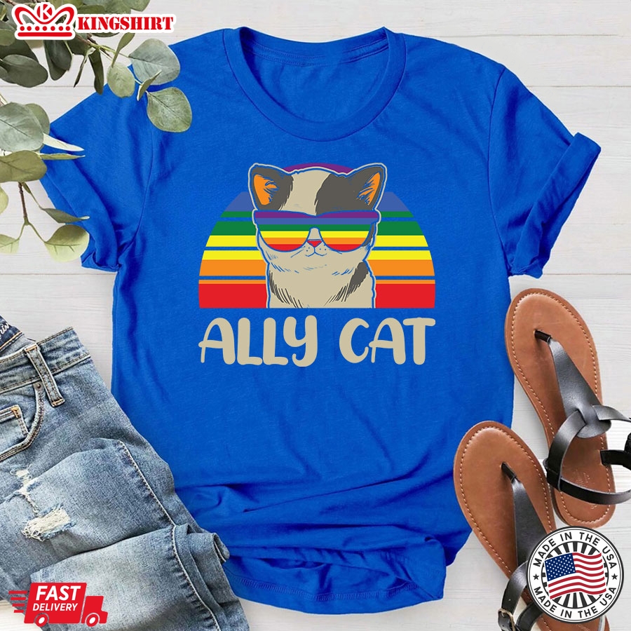 Ally Cat Vintage LGBT Rainbow Pride Flag T-Shirt