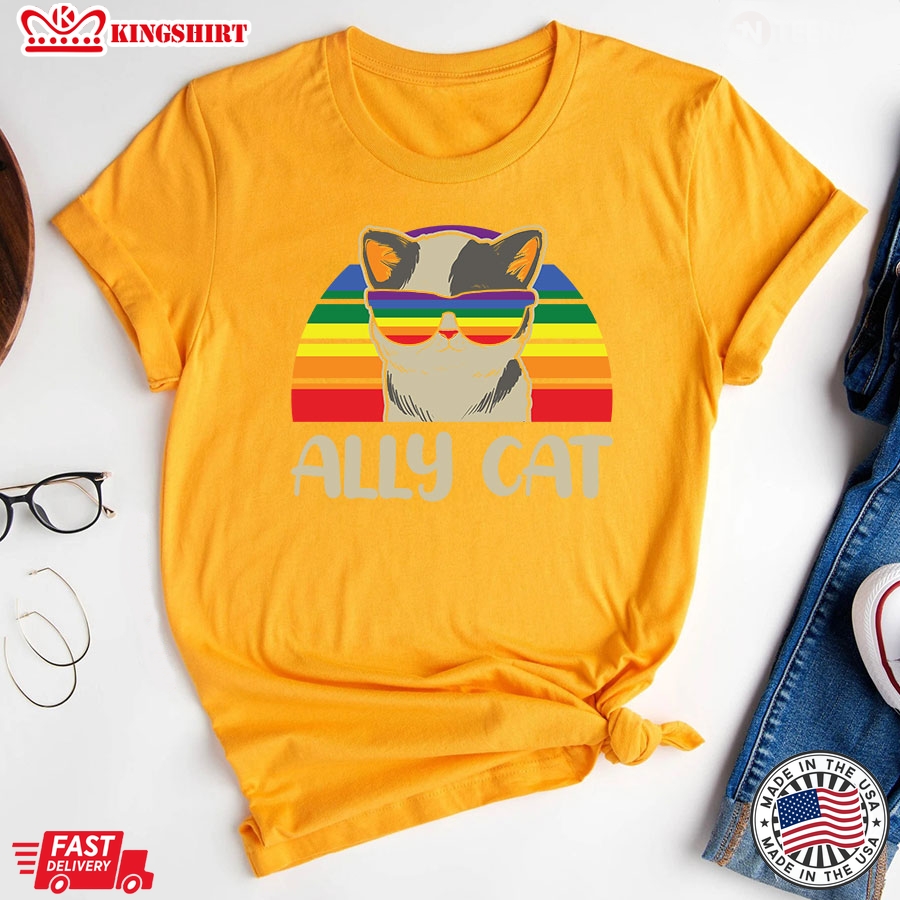 Ally Cat Vintage LGBT Rainbow Pride Flag T-Shirt