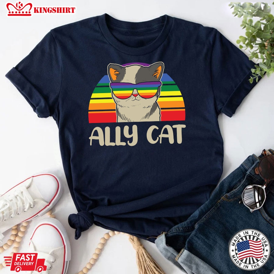 Ally Cat Vintage LGBT Rainbow Pride Flag T-Shirt