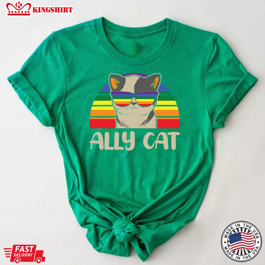 Ally Cat Vintage LGBT Rainbow Pride Flag T-Shirt