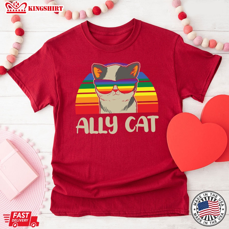 Ally Cat Vintage LGBT Rainbow Pride Flag T-Shirt