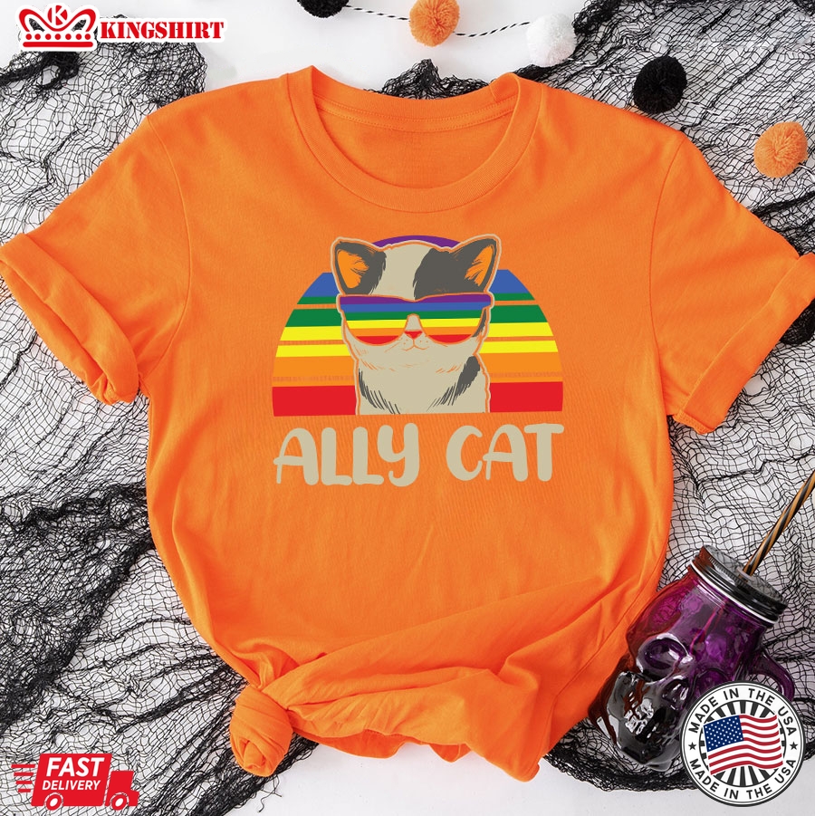 Ally Cat Vintage LGBT Rainbow Pride Flag T-Shirt