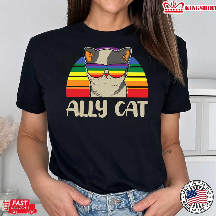 Ally Cat Vintage LGBT Rainbow Pride Flag T-Shirt