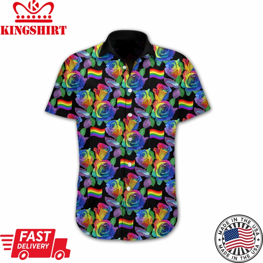 Ally Pride Shirt, Colorful Flag Of Lgbt Rose Design Hawaiian Shirt