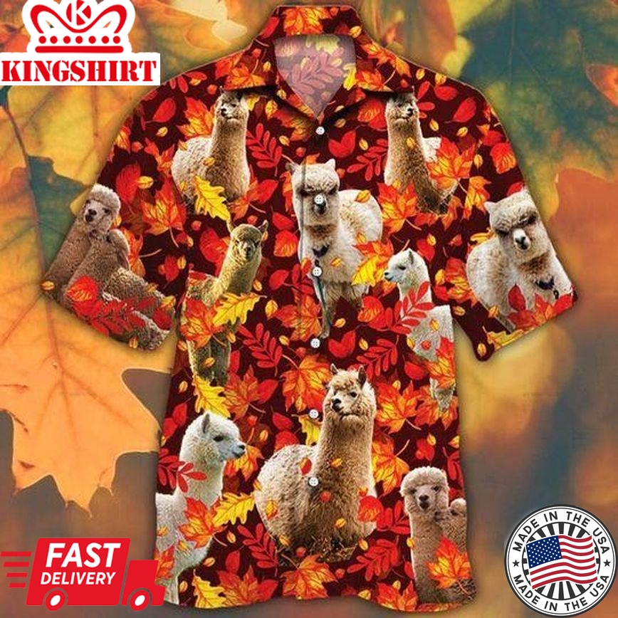 Alpaca Horse Lovers Autumn Red Leaves Trendy Hawaiian Shirt For