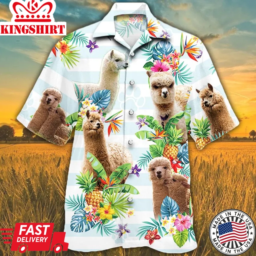 Alpaca Lovers Tropical Flower Trendy Hawaiian Shirt, Casual Short Sleeve Trendy Hawaiian Shirt, Polyester Spandex Fabric, Unisex Print Aloha Shirt Summer Gifts