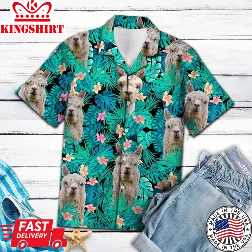 Alpaca Paradise: Simple Animal Love Alpacas Tropical Leaves Trendy Hawaiian Shirt