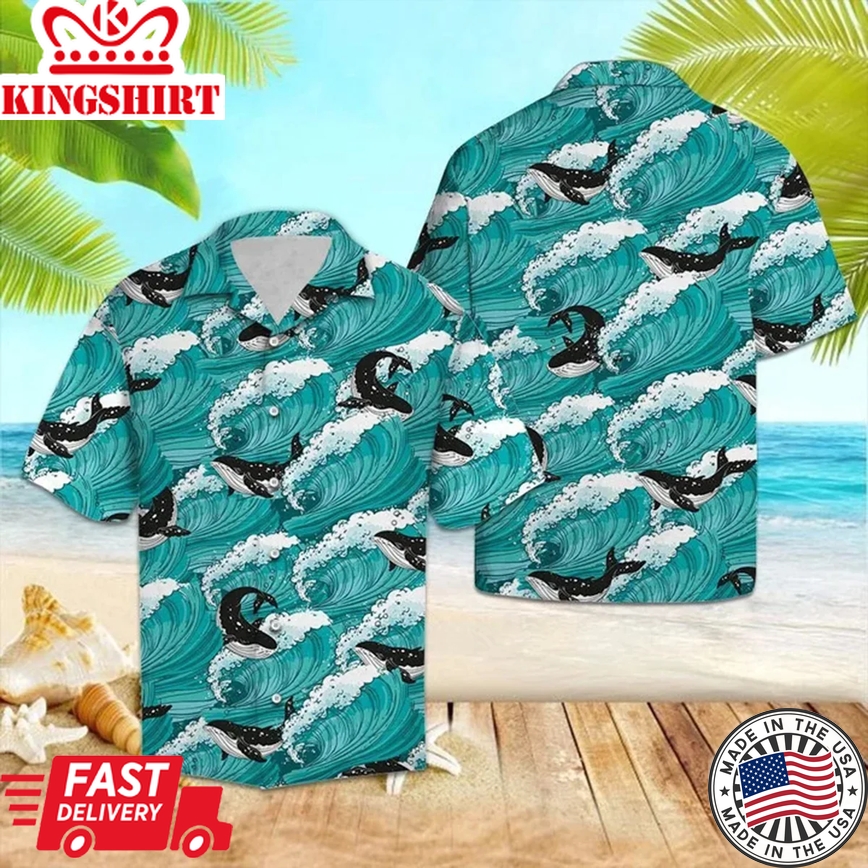 Amazing Black And White Whale Sea Waves Pattern Trendy Hawaiian Shirt, Trendy Hawaiian Shirt For Summer