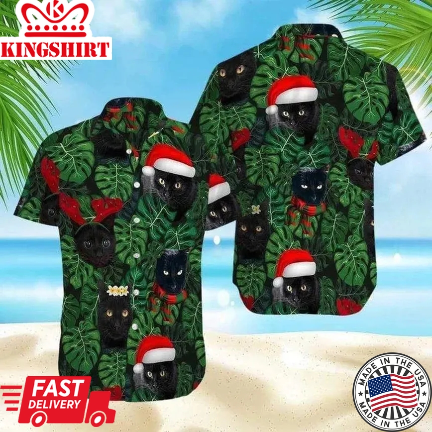 Amazing Christmas Black Cat In Santa Hat Trendy Hawaiian Shirt, Short Sleeve Hawaiian Aloha Shirt For Men