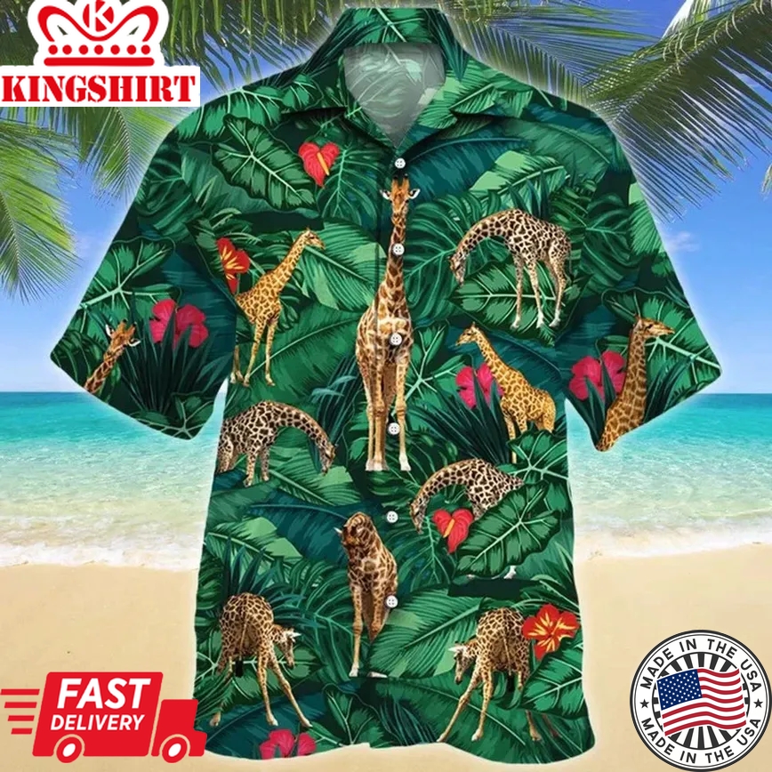 Amazing Green Leaves And Giraffe Lovers Gift Design Trendy Hawaiian Shirt