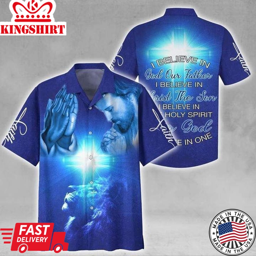 Amazing Jesus I Believe In God Blue Cross Lion Hawaiian Shirt | For Men & Women |