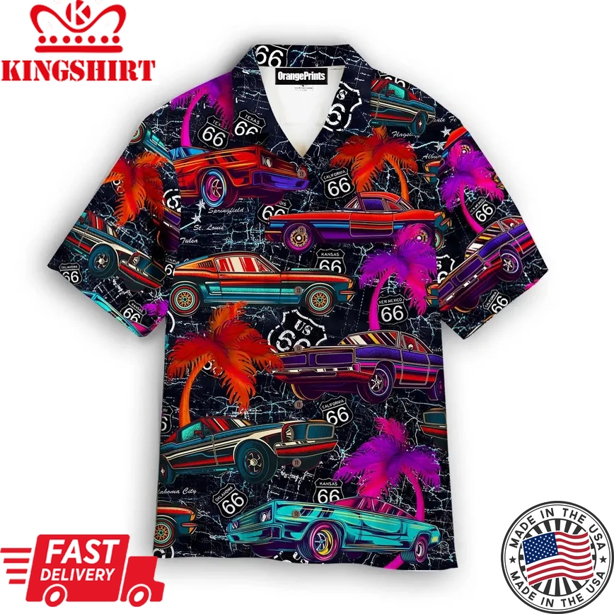 Amazing Neon Vintage Retro Muscle Car On Route 66 Trendy Hawaiian Shirt