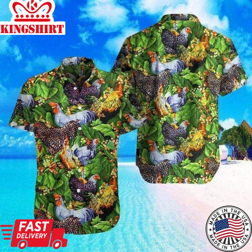 Amazing Rooster Farm Green Unisex Trendy Hawaiian Shirts, Chicken Lover Trendy Hawaiian Shirt For Summer Gifts