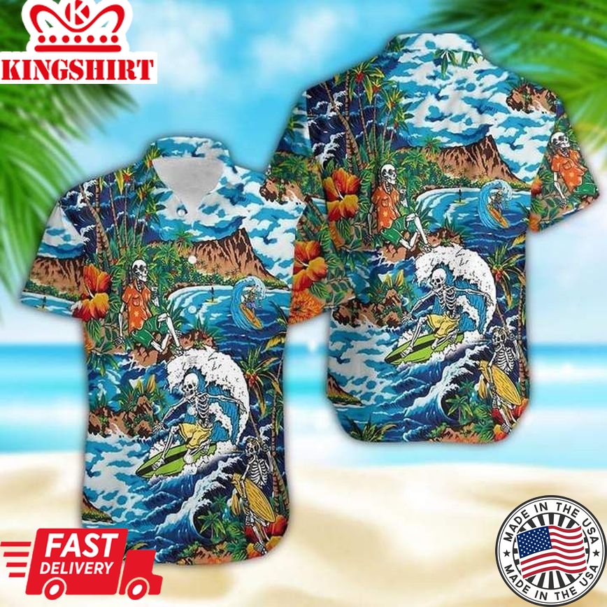 Amazing Skeleton Surfing On Tropical Island Halloween Trendy Hawaiian Shirt