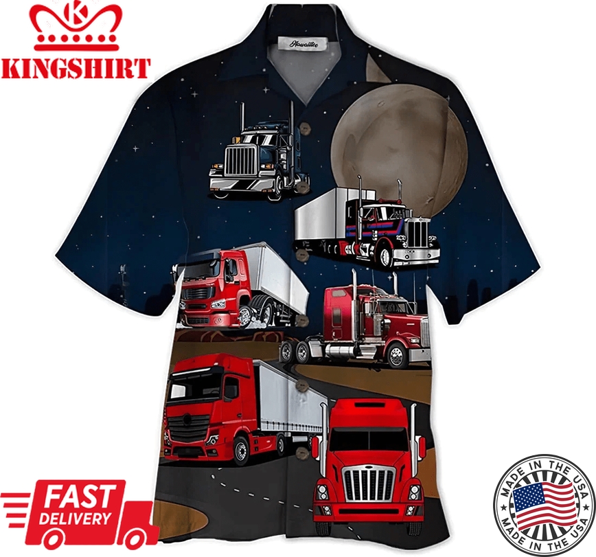 Amazing Truck Driver And Moon Short, Trendy Hawaiian Shirt, Button Up Aloha Shirt For Men, Women