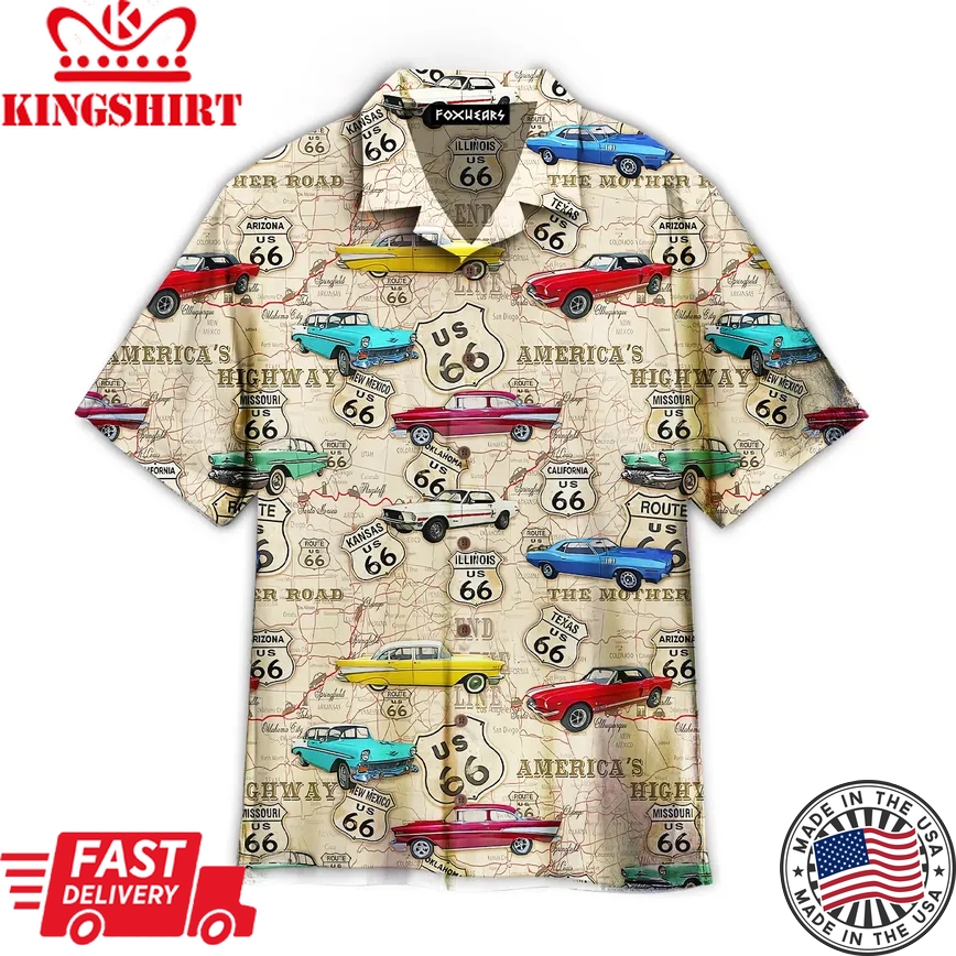 Amazing Vintage Muscle Car On Route 66 Trendy Hawaiian Shirt Aloha Shirt