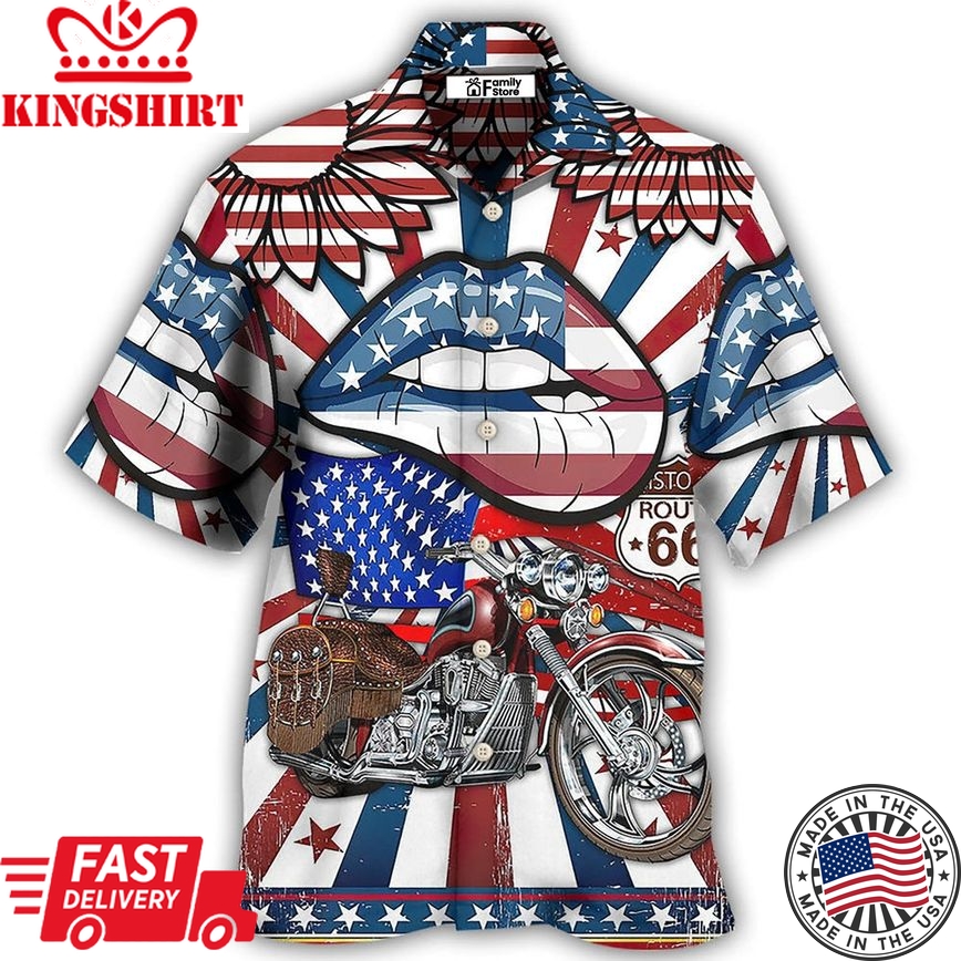 America Patriotic Motorcycle Sexy Lips Hawaiian Shirt