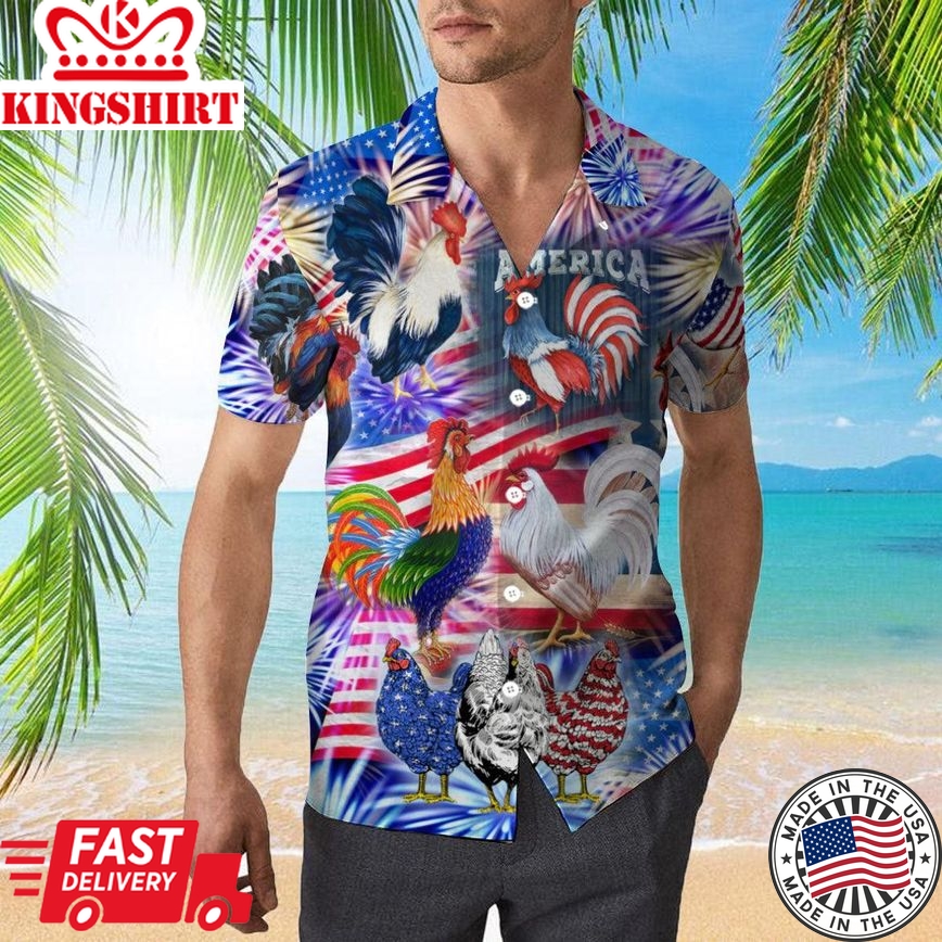 America Rooster Chicken With Fireworks Trendy Hawaiian Shirt