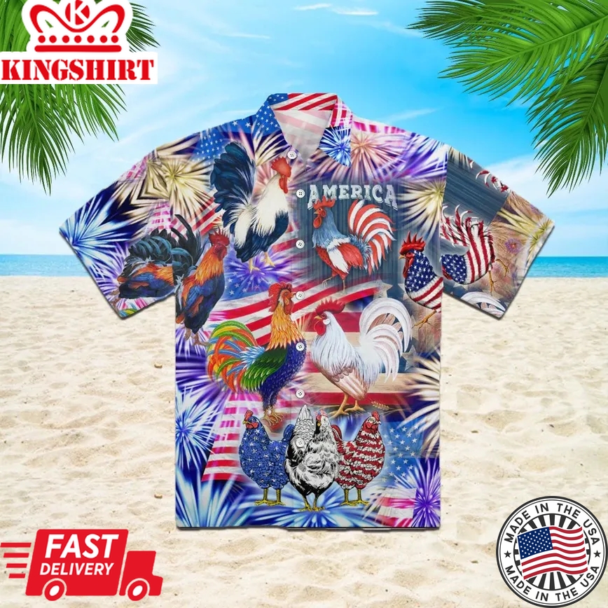 America Rooster Chicken With Fireworks Trendy Hawaiian Shirt, Chicken Lover Trendy Hawaiian Shirt For Summer Gifts