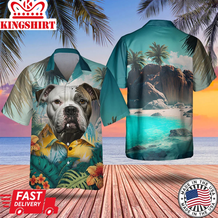 American Bulldog 3D All Over Printed Trendy Hawaiian Shirt, Dog Trendy Hawaiian Shirt, Men's Hawaii Shirt, Summer Gifts For Dog Lover