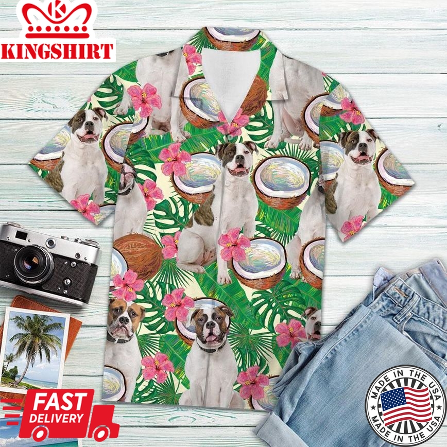 American Bulldog Tropical Coconut Trendy Hawaiian Shirt, Dog Trendy Hawaiian Shirt Men, Short Sleeve Hawaiian Aloha Shirt