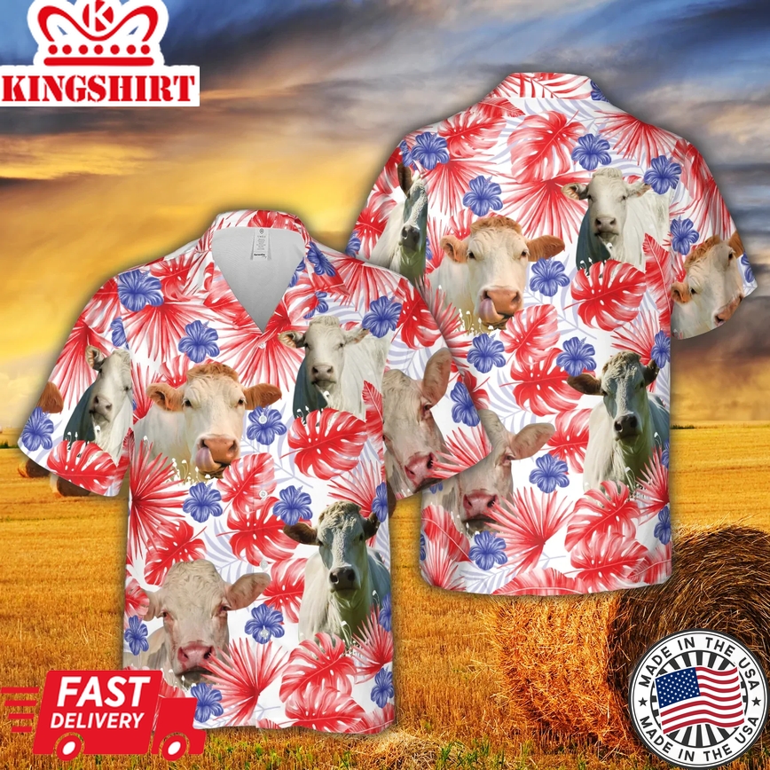 American Colors Charolais Cattle Trendy Hawaiian Shirt, Cow Trendy Hawaiian Shirt, Summer Gifts For Men And Women