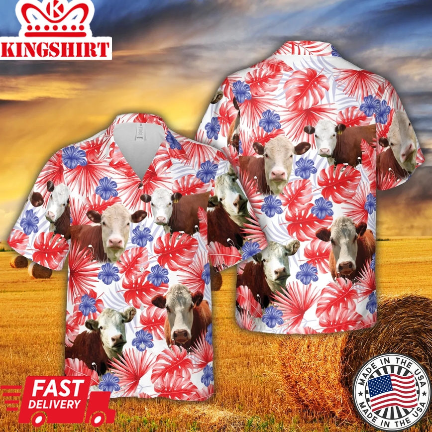 American Colors Herefold Cattle Trendy Hawaiian Shirt, Cow Trendy Hawaiian Shirt, Summer Gifts For Men And Women