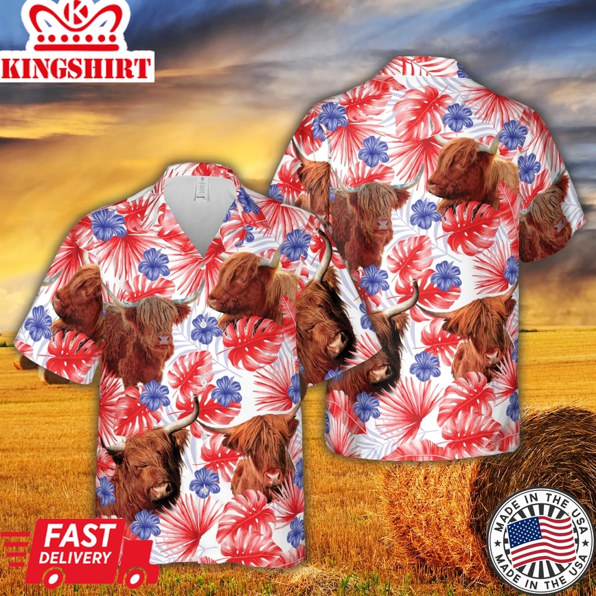 American Colors Highland Cattle Trendy Hawaiian Shirt, Cow Trendy Hawaiian Shirt, Summer Gifts For Men And Women