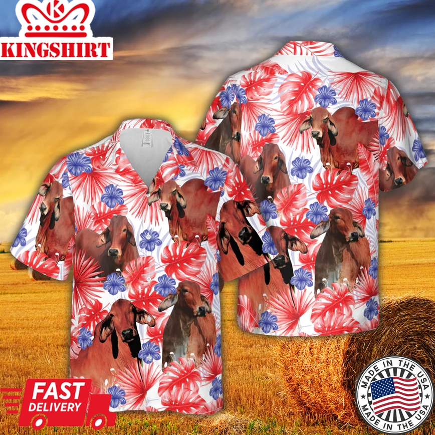 American Colors Red Brahman Cattle All Printed 3D Trendy Hawaiian Shirt