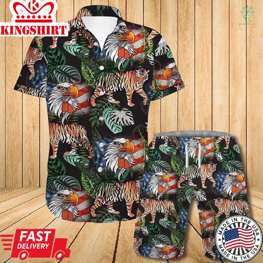 American Eagel Dogtag Veteran Tiger Tropical Trendy Hawaiian Shirt Set Unisex