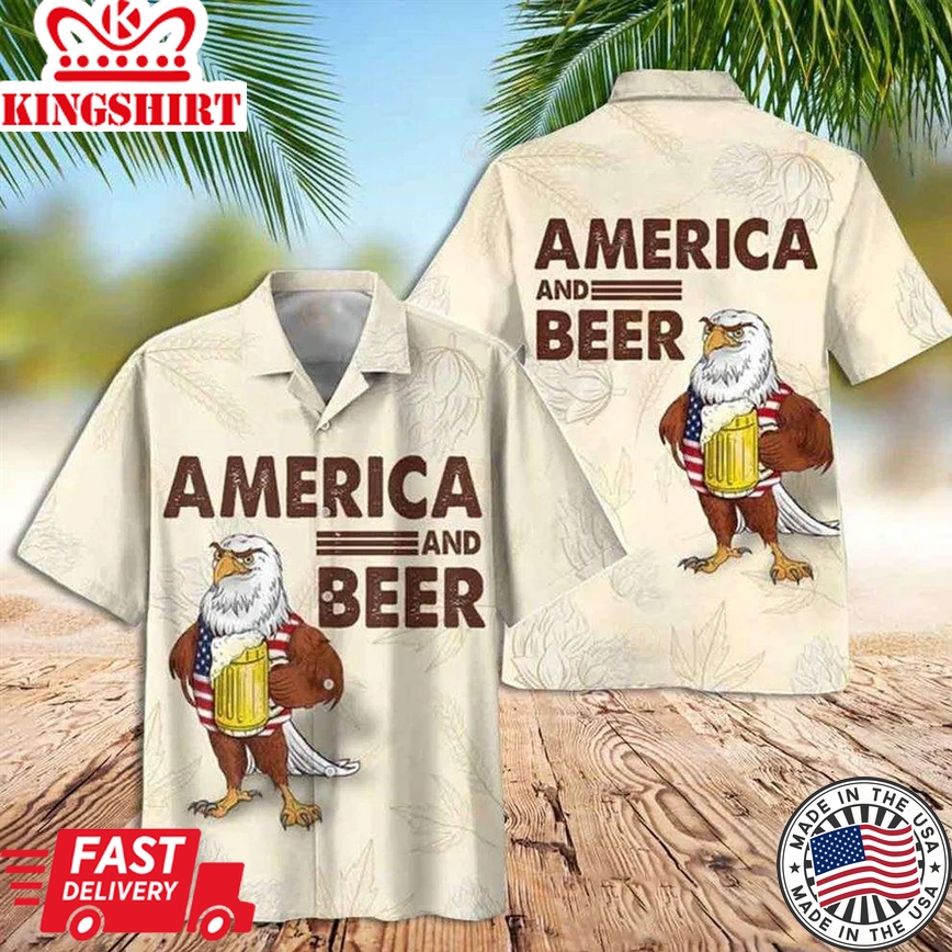 American Eagle Trendy Hawaiian Shirt, Funny America And Beer Trendy Hawaiian Shirt For Men