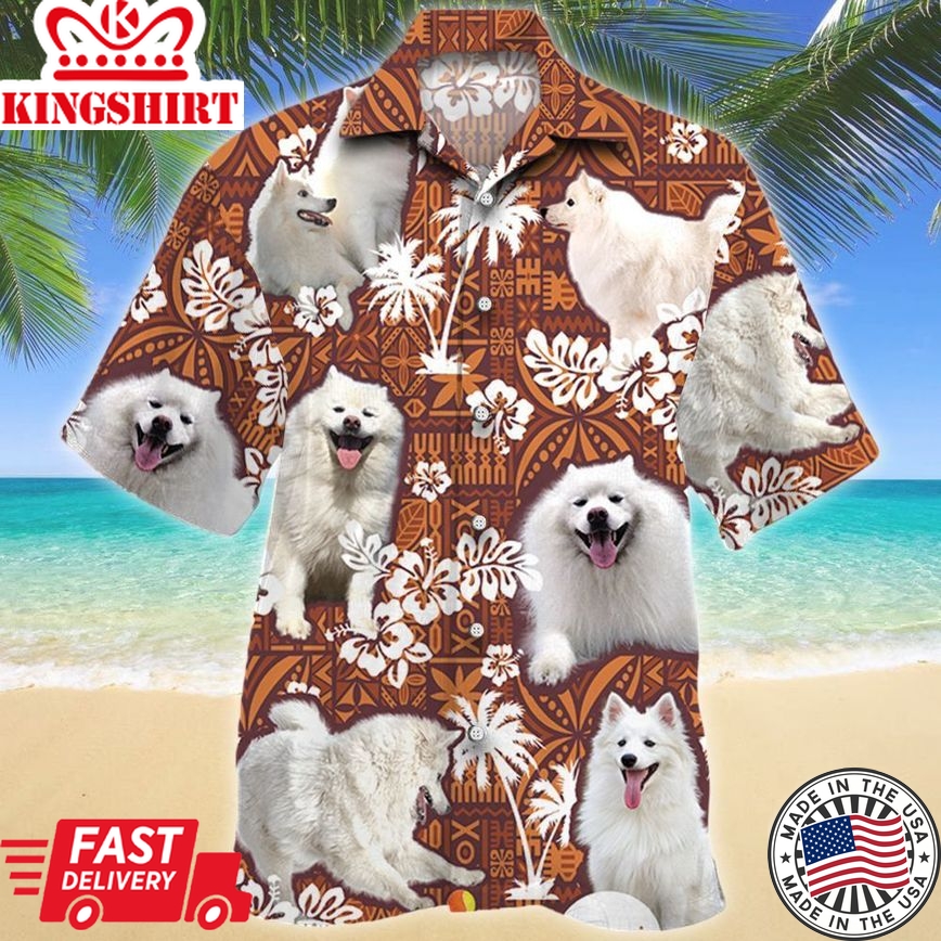 American Eskimo Dog Red Tribal Pattern Hawaii Shirt, Dog Trendy Hawaiian Shirt Men, Short Sleeve Hawaiian Aloha Shirt