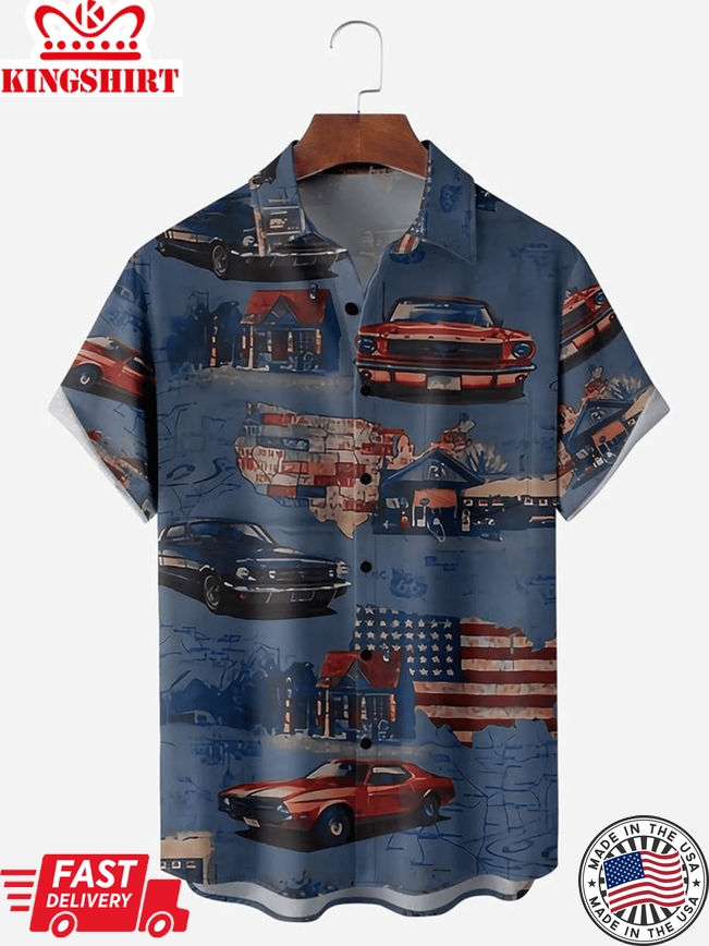 American Flag Car Chest Pocket Men's Trendy Hawaiian Shirts