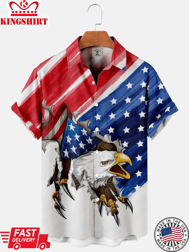 American Flag Casual Loose Men's Short Sleeve Trendy Hawaiian Shirt, 4Th Of July Trendy Hawaiian Shirt For Men