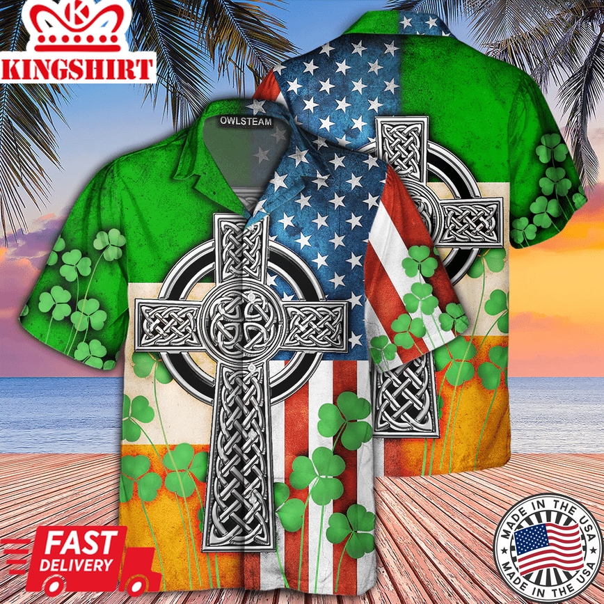 American Flag Celtic Cross Irish Saint Patricks Day Hawaiian Shirt Beach Short