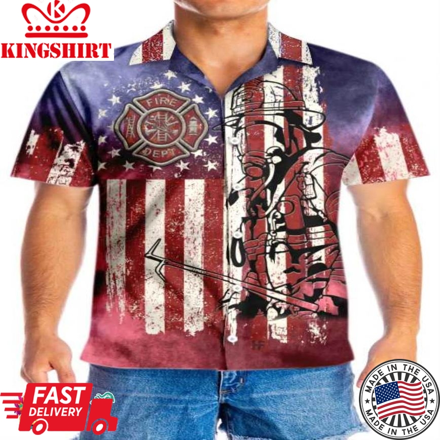 American Flag Fire Dept Firefighter Hawaiian Shirt, Fire Department Logo Firefighter Shirt For Men