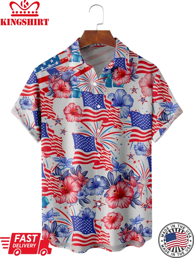 American Flag Flower Casual Men's Trendy Hawaiian Shirt, 4Th Of July Trendy Hawaiian Shirt