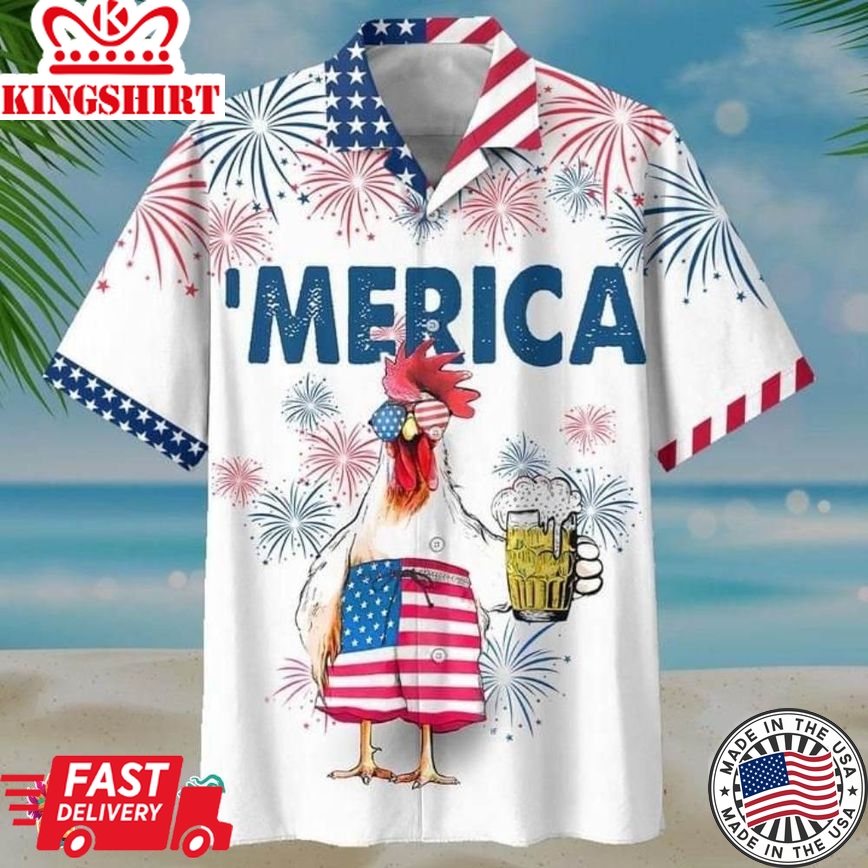 American Flag Rooster Drink Beer Print Hawaiian Shirt