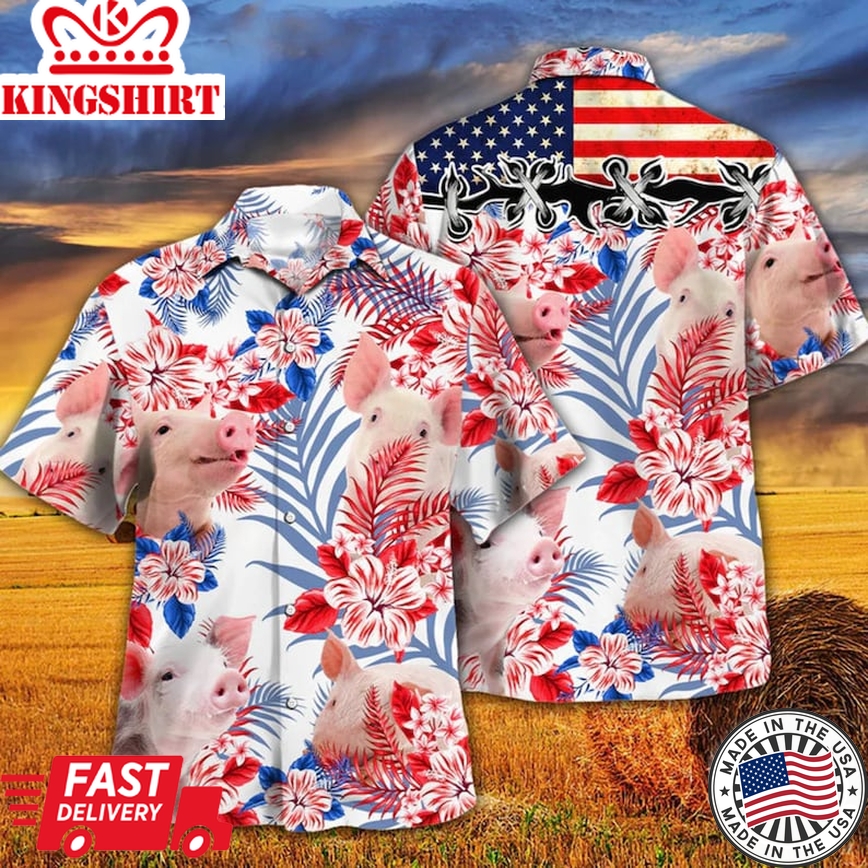 American Flag Trendy Hawaiian Shirt, Pig Vintage American Hawaii Shirt, Independence Day Shirt, Patriotic Hawaii