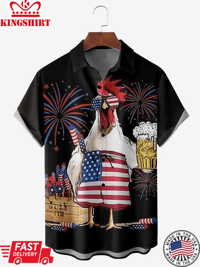 American Flag Turkey Beer Men's Beach Trendy Hawaiian Shirt, 4Th Of July Trendy Hawaiian Shirt