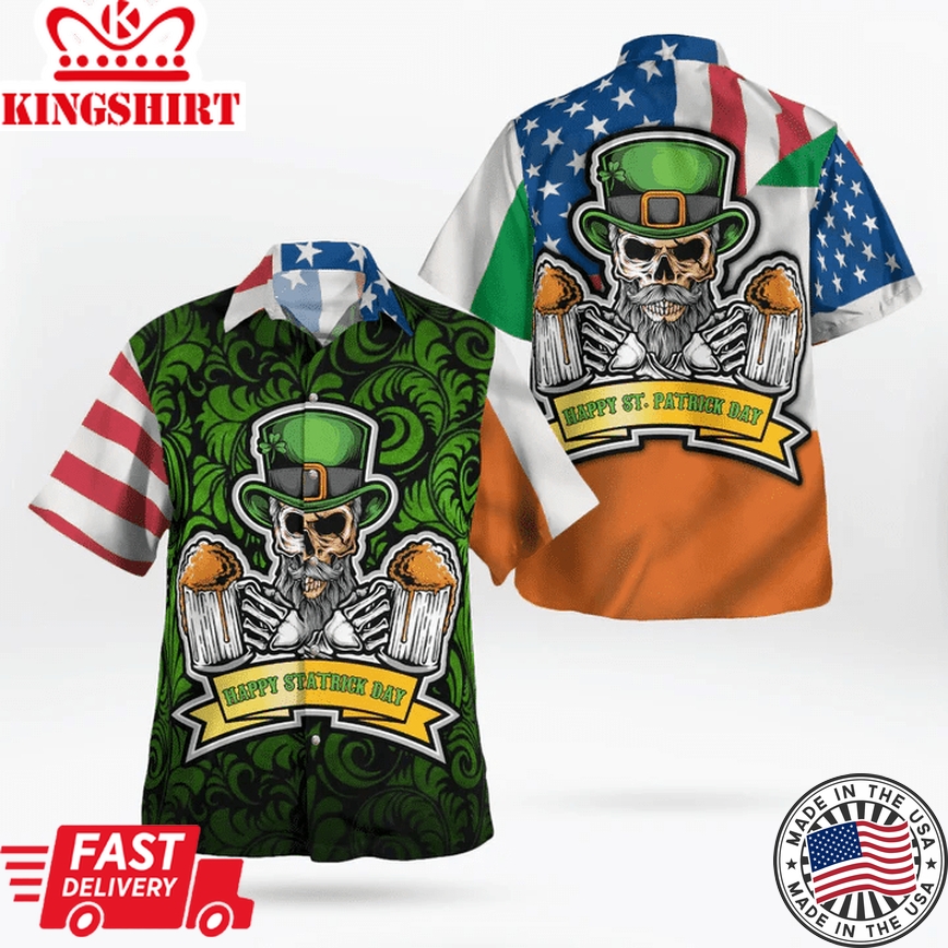 American Irish Flag With Celtic Cross Drinking Skeleton Hawaiian Shirt